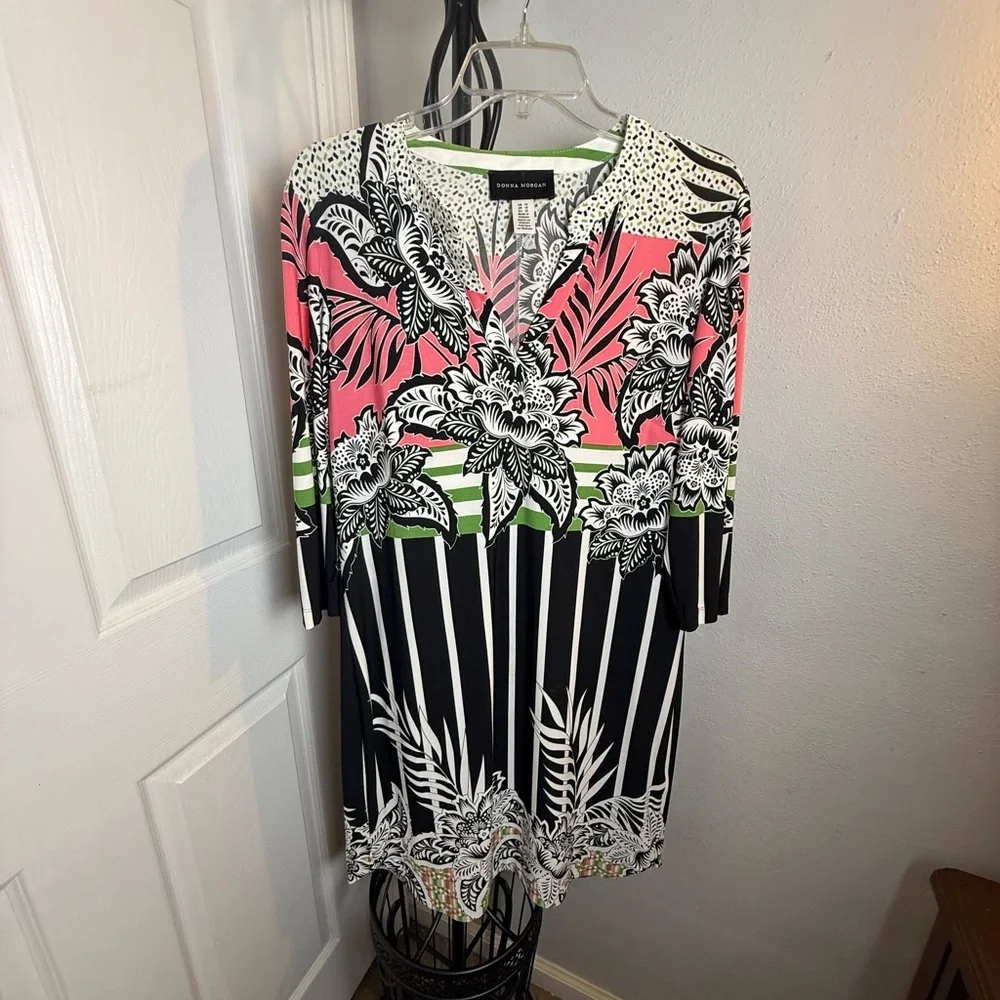 Donna Morgan Floral Print Midi Dress - Pink, Green, Black - Picture 2 of 9